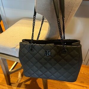 Tory Burch Black Quilted Tote with Chain Straps